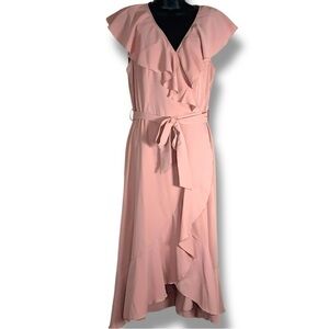 Medium Pink Ruffle Wrap Style Dress Flowy Short Sleeve Pastel Coquette Feminine